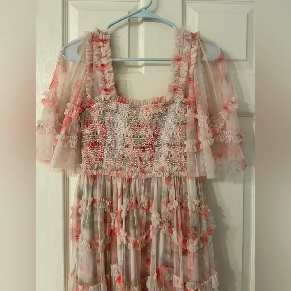 Needle & Thread Pink Floral Tiered Tulle Midi Dress - Picture 9 of 14